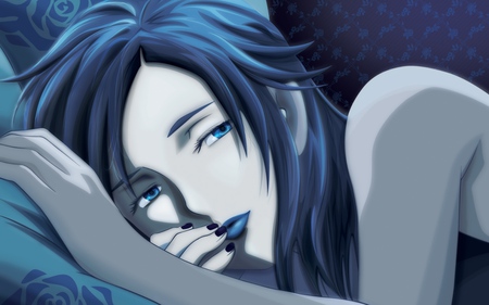 Lady in Blue - bed, blue eyes, anime girl, sleep, abstract, blue, anime, texture, beautiful girl