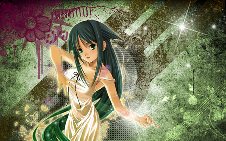 Amazon - abstract, star, anime, anime girl, female, green eye, hot, dress, girl, green hair, long hair, green, cute, sexy