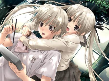 Kasugano Sora & Haruka - sweets, sora, cool, kasugano haruka, food, skirt, haruka, siblings, school uniform, chopsticks, beautiful, uniform, kasugano, snack, nice, beauty, bento, twintail, brother, pretty, lovers, anime, tree, suprised, sister, cute, kasugano sora, love, lunch, yosuga no sora, school, cookie, twins, awesome