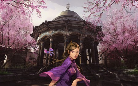 Magic Garden - nice, beauty, female, hot, wings, anime girl, fantasy, cherry blossom, purple, pretty, anime, sakura blossom, tree, garden, cute, scene, maiden, sexy, scenic, landscape, girl, nature, pavilion, butterfly, sakura, pink, wing, beautiful, scenery, sweet, dress, flower