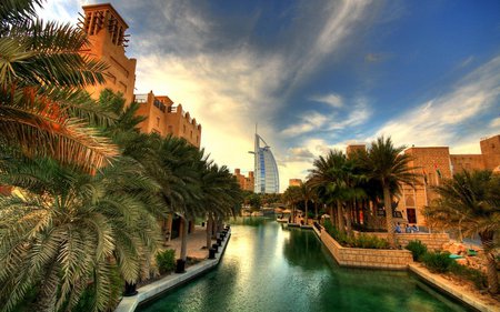 Beautiful Place - alley, people, view, sky, flag, clouds, trees, water, beautiful, city, beauty, lovely, architecture, buildings, lantern, tree, river, dubai, nature, peaceful, bridge