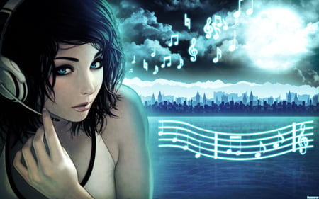 Pause-musicale - headphone, anime, female, scenery, scene, light, short hair, music, sky, moon, abstract, anime girl, water, hot, girl, sea, music note, scenic, ocean, cg, blue eye, black hair, cloud, cute, 3d, sexy