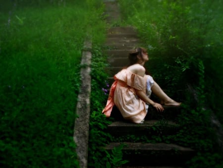 Silence - silence, nature, green, dress, girl, steps