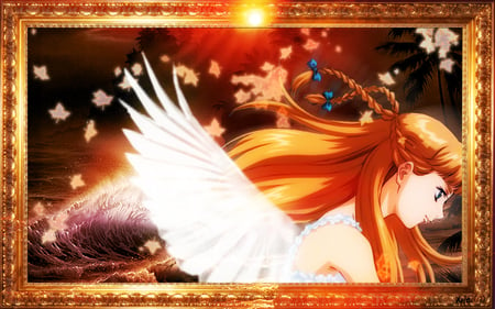 â‚¬ Tableau â‚¬ - photo frame, angel, sun, wings, anime girl, orange hair, feather, frame, long hair, leave, palm, coconut tree, beautiful, sweet, sea, nice, beauty, picture frame, female, water, leaf, fantasy, pretty, anime, orange, tree, ocean, palm tree, sunlight, girl, wave, abstract, wing