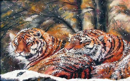 Snow tigers - winter, painting, snow, tigers, animals