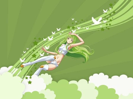 C.C - clouds, anime girl, birds, cc, butterflies, beautiful, hot, beauty, green hair, long hair, graceful, green, cute, sexy, code geass