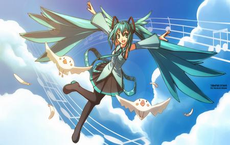 Hatsune Miku - pretty, tie, anime, vocaloid, birds, blue, twintail, hatsune miku, seagulls, aqua, headphones, nice, sky, idol, clouds, skirt, beautiful, girl, thighhighs, virtual, beauty, cool, miku, awesome, diva, cute, hatsune, feathers, headset, vocaloids