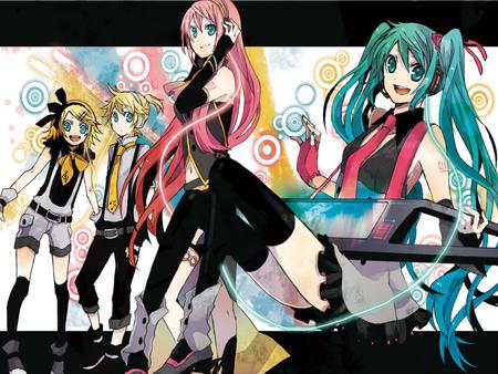 Hatsune Miku, Megurine Luka, Kagamine Rin & Len - pretty, kagamine len, luka, rin, headphones, blue hair, yellow hair, nice, len, thighhighs, megurine, beauty, virtual, girls, megurine luka, cute, song, outfit, vocaloid, anime, twintail, dress, boy, music, kagamine rin, pink hair, idol, skirt, kagamine, beautiful, band, cool, colorful, hatsune miku miku, awesome, diva, hatsune, vocaloids, headset