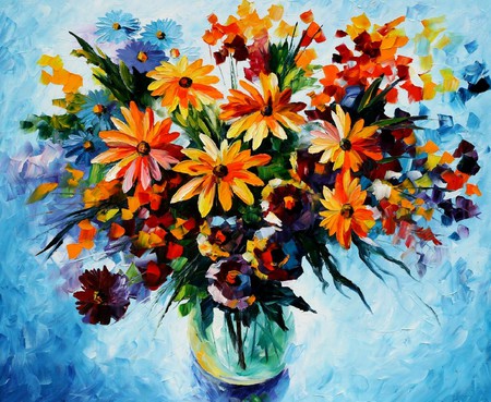 Blue - blue, orange flowers, green leaves, vase