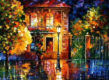 Street - house, trees, street lamp, rain