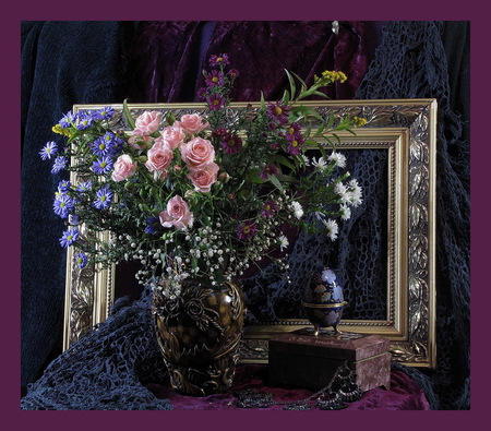 still life - nice, roses, photography, bouquet, still life, elegant, rose, cool, box, harmony, frame, jewelry, scarf, vase, beautiful, flowers, photo, flower