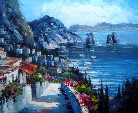 A Mediterranean Holiday - painting, mediterranean, villas, sea