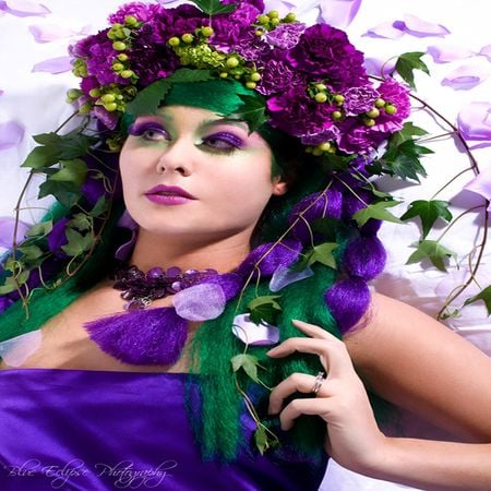 PURPLE LOVE - pretty, grape, purple, woman, dress, fruit, face, flower