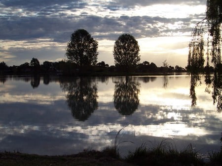 Lake at Sunrise - reflections, lake, trees, victoria, australia, sunrise