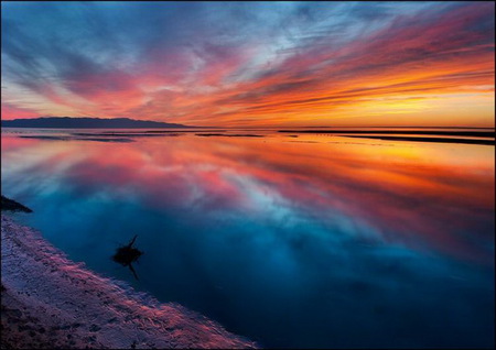 Paint the shore - blue and coral, water, shoreline, clouds, reflections, sunset