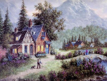 Coming Home - trees, water, dirt road, dog, man, child, brook, flowers, lady, painting, plants, mountains, houses, bridge