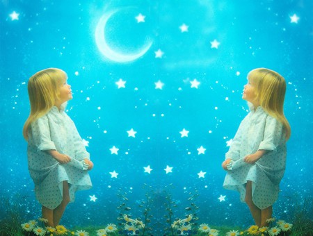 twins looking at stars  and moon - girls, adorable, looking, yonder, cute