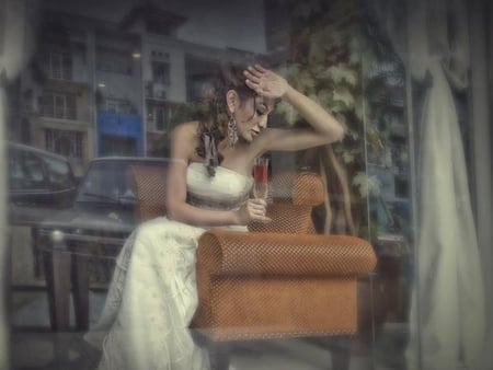 Waiting - waiting, woman, beautiful, dress, glass