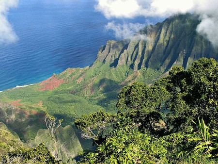 Napali Coast, Kauai - garden isle, clouds, vegetation, trees, hills, sea, island, ocean, usa, mountains, state