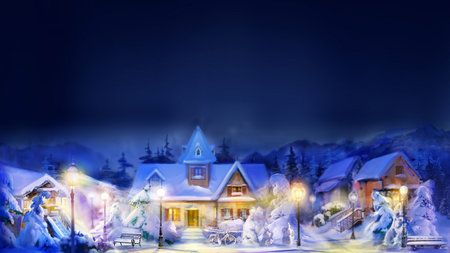 Winter Scenery - nice, new year, sky, fantasy, colo, white, tree, house, cute, moon, light, winter, night, christmas, abstract, town, beautiful, colors, lights