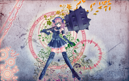 Frappe-quun-coup - fighter, abstract, anime, anime girl, female, warrior, hot, dress, girl, hammer, eye patch, short hair, cute, weapon, pink hair, sexy