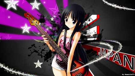 Akiyama Mio - hot, guitar, female, anime girl, black hair, mio, k on, anime, cute, sexy, girl, long hair, black eye, star, abstract, kon, dress