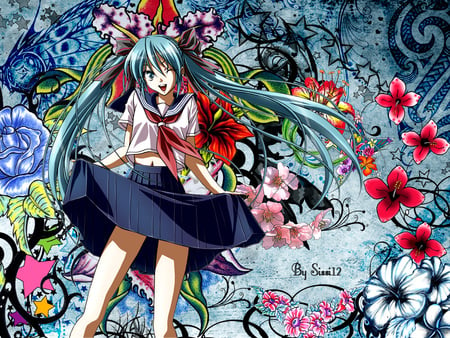 Miku-Hatsune - flower, miku, cute, hot, abstract, anime girl, girl, uniform, green hair, vocaloid, anime, dress, school uniform, long hair, sexy, female, hatsune miku