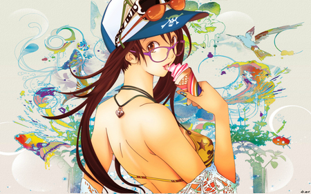 I ♥ U Summer 2 - hat, abstract, anime, anime girl, female, hot, food, girl, brown hair, long hair, ice cream, glasses, brown eye, cute, sexy