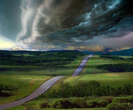 Long road home - trees, hills, stormy, grass, country, dark clouds, long road