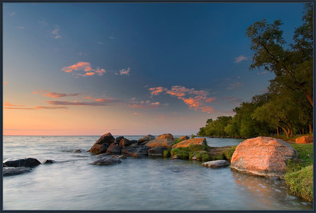 Evening in June - trees, blue, beautiful, pink, evening lightining, art photo, see, sky, rocks