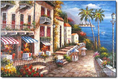 Time For Brunch - houses, boats, trees, gardens, chairs, stores, awnings, tables, view, blue, cafe, patio, flowers, sea