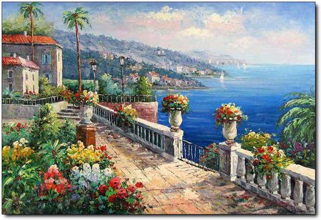 Water Garden - villas, blue, gardens, roof tops, terrace, flowers, stunning, fresh, houses, sky, clouds, trees, planters, sea, raings, mediterranean, scenic, mountains