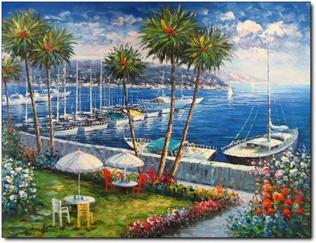 Seaside Harbour - trees, boats, water, gardens, chairs, docks, tables, mediterranean, view, blue, flowers, sea