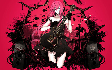 Megurine Luka - vocaloid, awsome, speakers, long hair, luka, guitar, red, 03, pink hair, anime girl, beautiful, hot, megurine, beauty, cool, black, megurine luka, cute, sexy, vocaloids