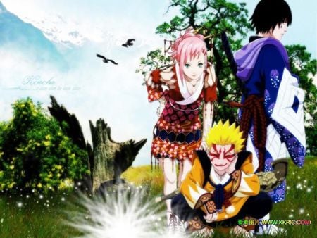 Sasuke,Naruto,Sakura - anime, boys, outside, girl