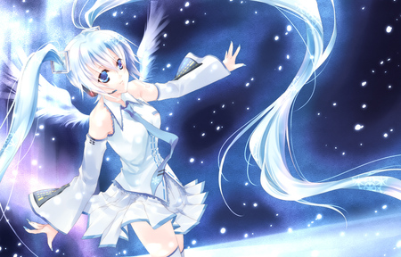 Yuki Hatsune Miku - virtual, miku, vocaloids, winter, cool, headphones, awesome, vocaloid, thighhighs, anime, twintail, yuki, skirt, female, blue eyes, aqua hair, snow, hatsune, cute, beautiful, girl, aurora, wings, white, pretty, snowflakes, aqua, beauty, diva, snow miku, sky, nice, tie, idol, headset, angel, hatsune miku