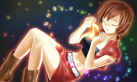 Meiko - pretty, anime, vocaloid, meiko, music, song note, rainbow, nice, idol, belt, beautiful, girl, thighhighs, virtual, music note, beauty, brown hair, cool, glow, colorful, awesome, diva, cute, vocaloids, song