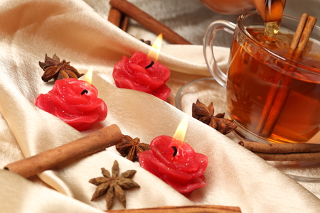 tea - nice, harmonious, drink, roses, peaceful, candles, photography, tea, elegant, cup, cinnamon, cool, satin, beautiful, scent, photo