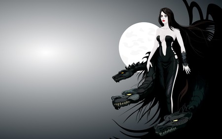 Dark Spirit and her Guardians - abstract, fantasy, dragons, girl, character, dark, moonlight