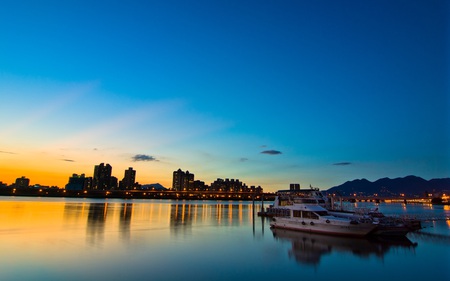 Beautiful Sunset - ocean, sky, boats, harbor, sunset, bay, nature, taipei, skyline, reflection, blue, beautiful, city, twilight, colors, boat