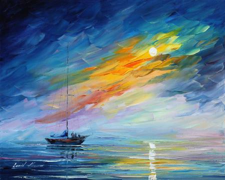 Sunset over the sea - sunset, hand work, boat, splendor, sea, colors, sky