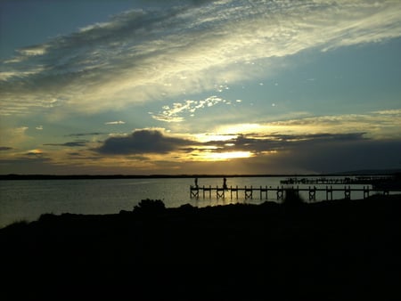 Sunset by the river - pier, sky, clouds, sun, river, water, sunset