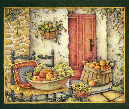 Outside The Door - planters, chairs, home, flowers, basket, door, bowl, red, pillow, fruits, farm, vegetables