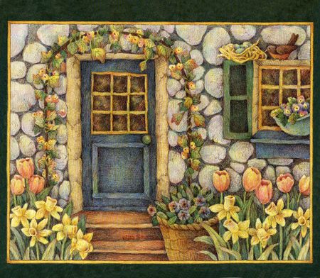 Welcome And Come In - stone, windows, shutters, bird, eggs, nest, blue, door, house, flowers, planters, vines