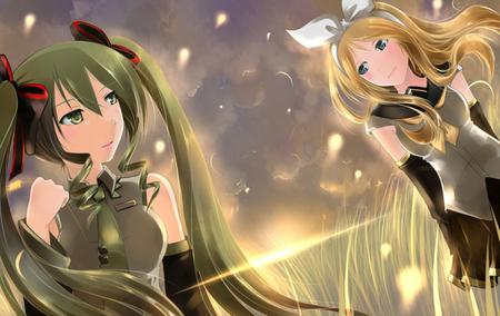 Hatsune Miku & Kagamine Rin - virtual, miku, hatsune, kagamine, cute, rin, beautiful, vocaloids, girl, bow, pretty, cool, aqua, beauty, awesome, kagamine rin, yellow, vocaloid, thighhighs, yellow hair, anime, twintail, diva, blue, nice, skirt, tie, aqua hair, idol, hatsune miku