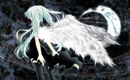 Angel Miku - pretty, anime, vocaloid, blue, twintail, dress, hatsune miku, angel, aqua, nice, sky, idol, moon, skirt, beautiful, girl, thighhighs, virtual, beauty, cool, black, white, miku, awesome, diva, wings, cute, aqua hair, hatsune, night sky, feathers, vocaloids