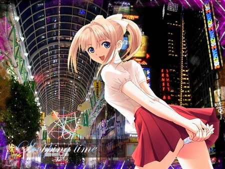 Shopping Time ♫♪ - anime, female, scenery, town, scene, dress, night, light, stall, long hair, shop, house, anime girl, skirt, hot, girl, city, blonde hair, scenic, supermarket, cute, sexy, building