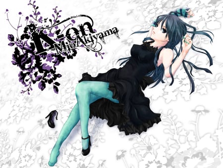 K-ON-Akiyama-Mio - anime, female, dress, long hair, akiyama mio, abstract, anime girl, hot, girl, flower, k on, black, white, black hair, cute, mio, sexy