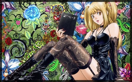 Death Note - sitting, beauty, nice, female, hot, anime girl, book, blonde hair, pretty, anime, cute, sit, sexy, girl, long hair, abstract, beautiful, sweet, flower, dress