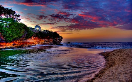 Sunrise - beach, grass, sunrise, sand, view, sky, clouds, trees, water, beautiful, sea, beauty, colors, lovely, ocean, colorful, nature, green, waves, peaceful, bay